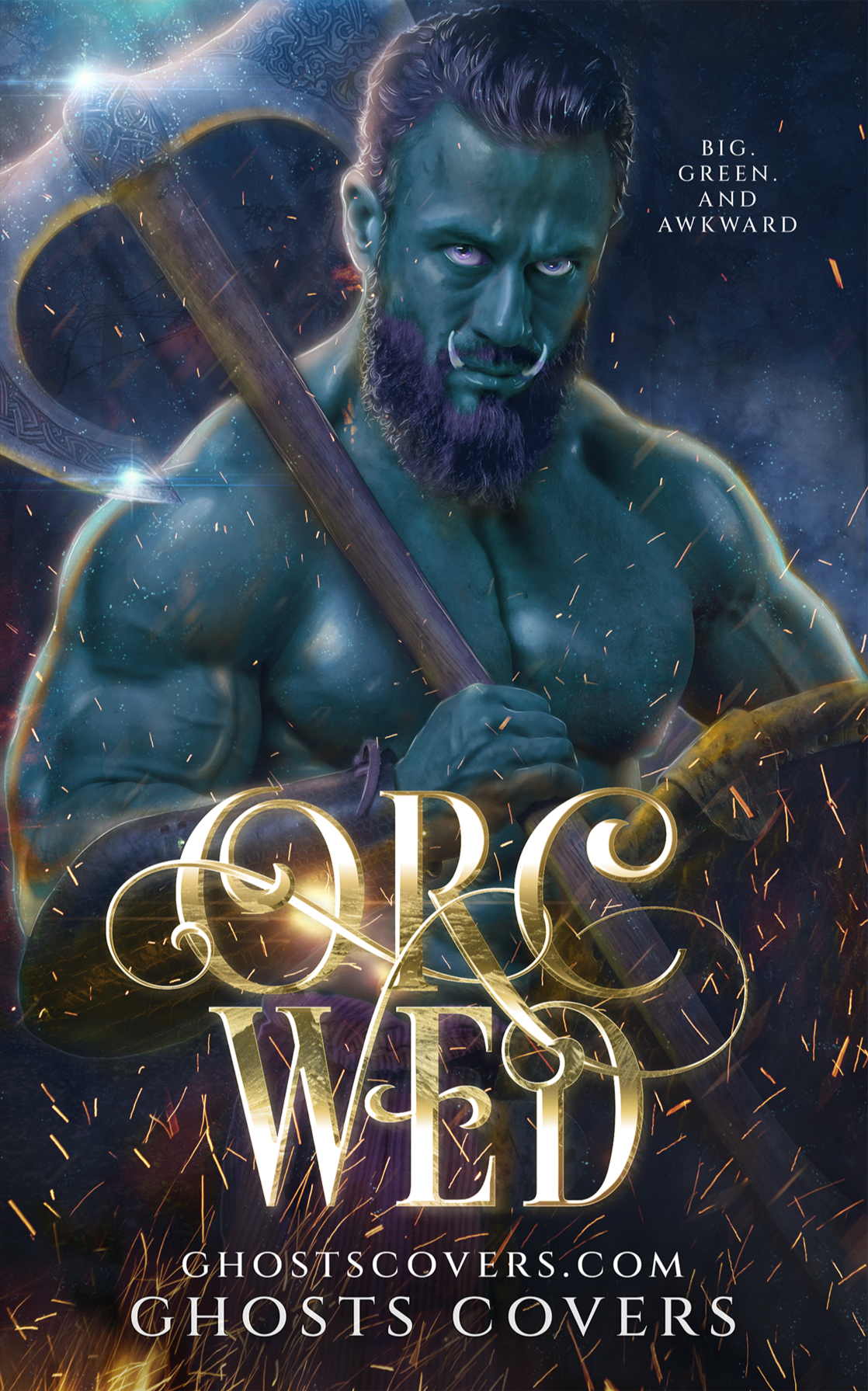 A book cover image of a giant orc holding an axe. The name of the book is Orc Wed.